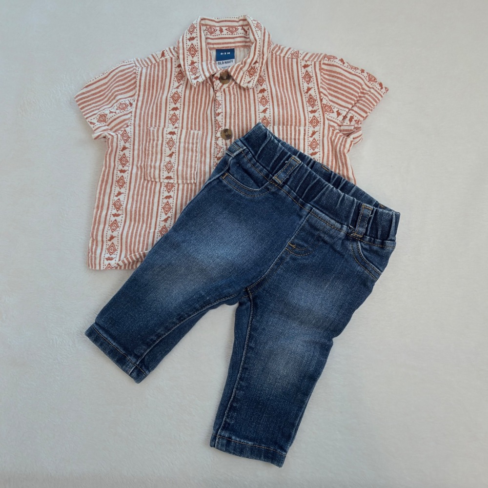 Old Navy Garanimals Shirt & Jeans Set Kids 0-3M Multi Excellent Boho Dino Outfit